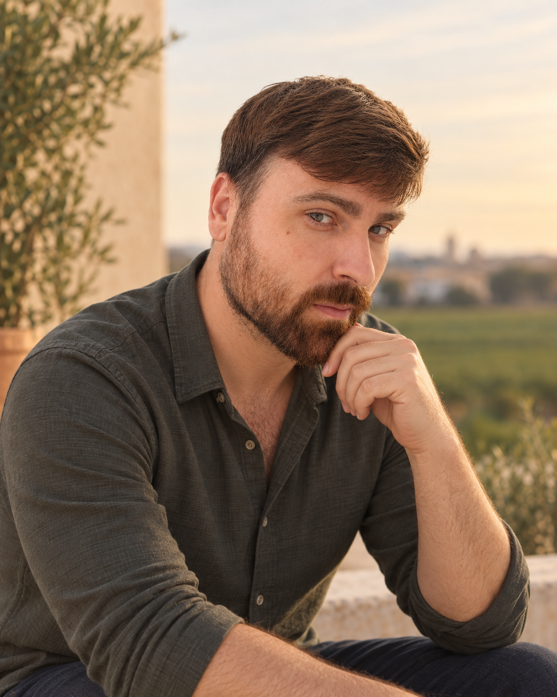 Retrato editorial de Jorge Morcillo Jareño al aire libre, con paisaje desenfocado al fondo.